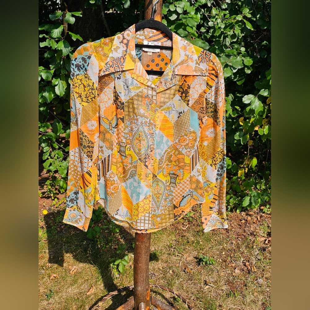 Vintage Patchwork Butterfly-Collar Button Down Blouse. Cottagecore.